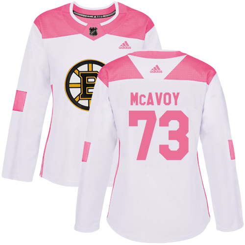 Adidas Bruins #73 Charlie McAvoy White/Pink Authentic Fashion Women's Stitched NHL Jersey - Click Image to Close